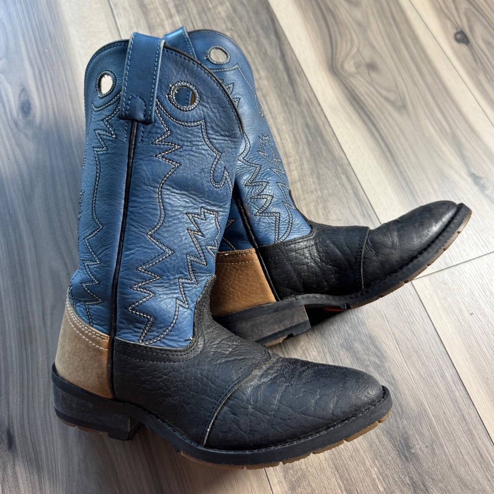 Hooey Western Cowboy Boots Black Blue Tan Leather Round Toe Pull On Mens